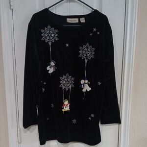 Analogy Blk Velvet Tunic Snowflakes & Snowbabies Design